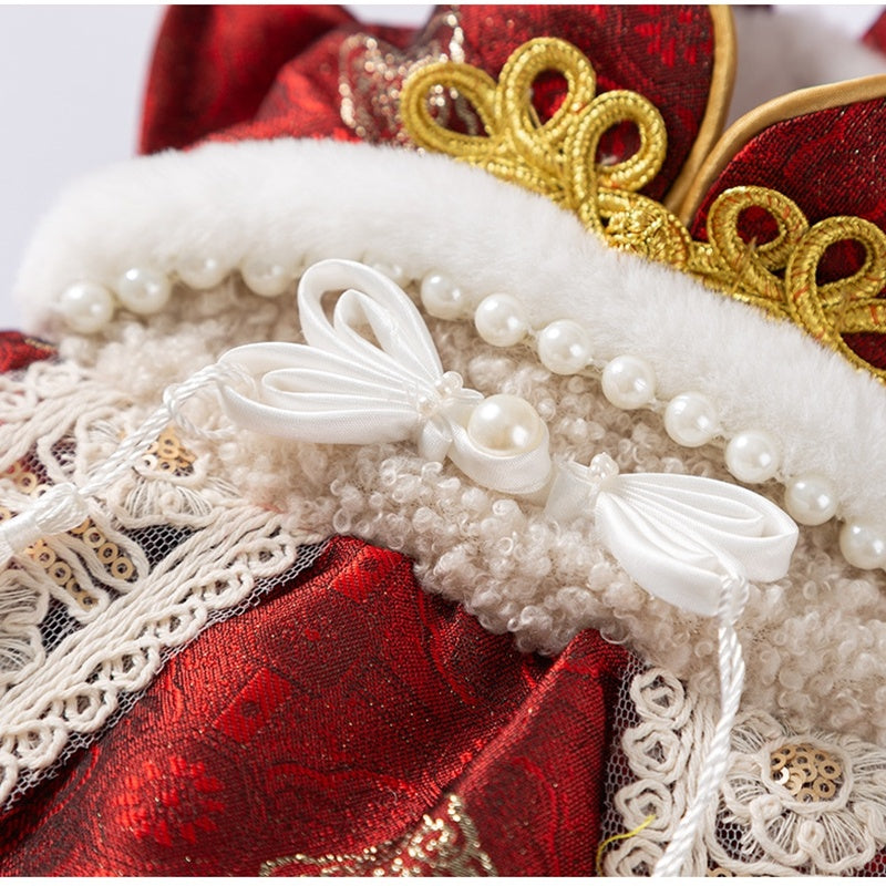 Luxury Chinese New Year Pet Qipao Dress With Lace & Faux Fur Trim, Festive Red Dog Gown For Lunar New Year Celebrations