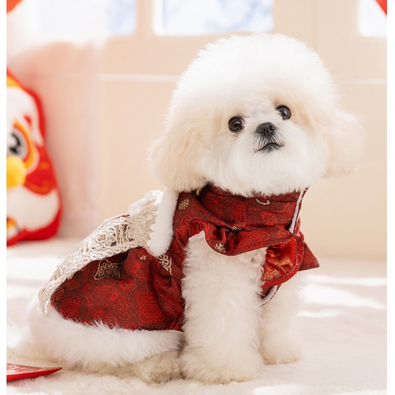 Luxury Chinese New Year Pet Qipao Dress With Lace & Faux Fur Trim, Festive Red Dog Gown For Lunar New Year Celebrations