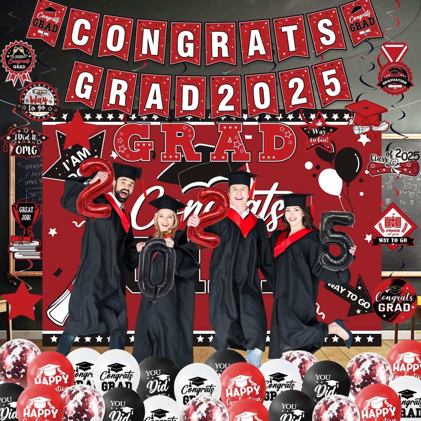 Graduation Decorations Class Of 2025 Set, Red Theme Graduation Party Supplies Of 50 Congrats Grad Banner Class Of 2025 Backdrop Balloons Hanging Swirls For High School College Celebrations