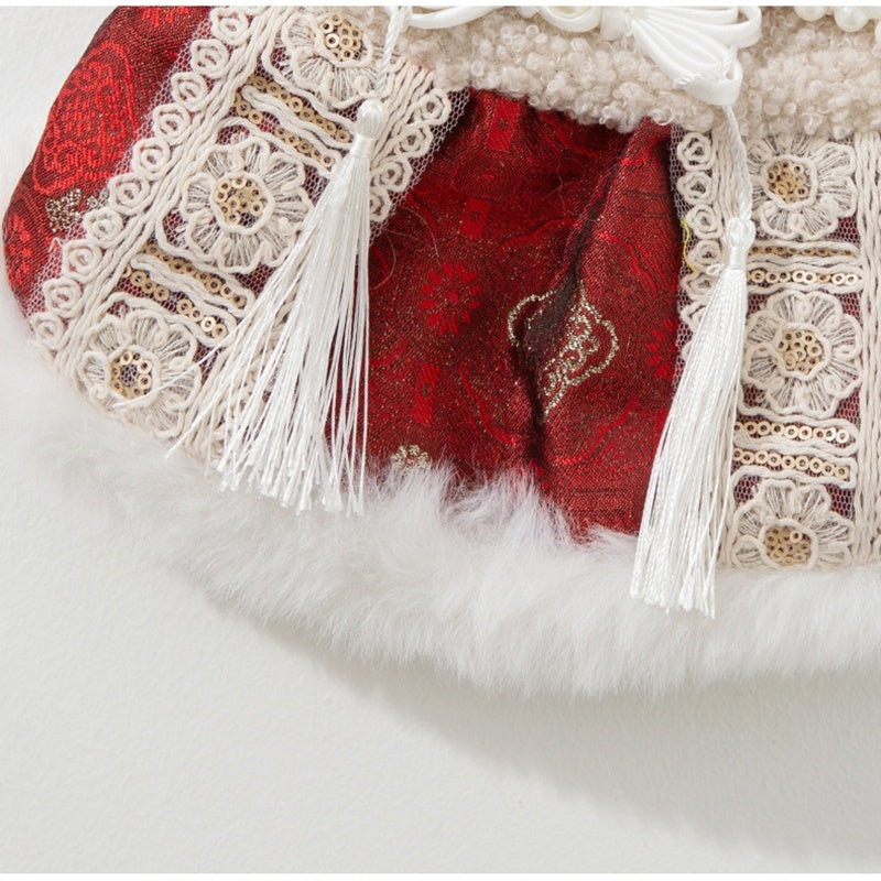 Luxury Chinese New Year Pet Qipao Dress With Lace & Faux Fur Trim, Festive Red Dog Gown For Lunar New Year Celebrations