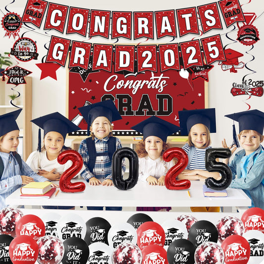 Graduation Decorations Class Of 2025 Set, Red Theme Graduation Party Supplies Of 50 Congrats Grad Banner Class Of 2025 Backdrop Balloons Hanging Swirls For High School College Celebrations