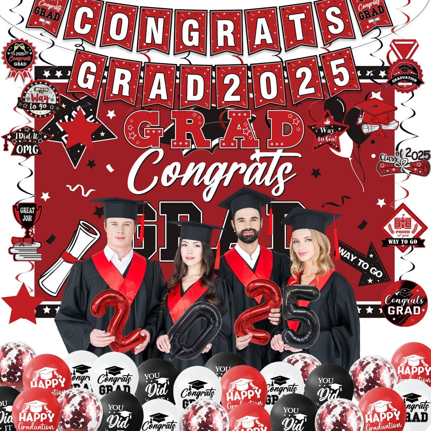 Graduation Decorations Class Of 2025 Set, Red Theme Graduation Party Supplies Of 50 Congrats Grad Banner Class Of 2025 Backdrop Balloons Hanging Swirls For High School College Celebrations