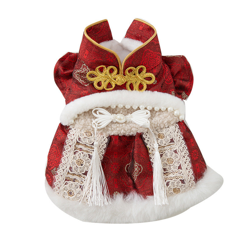Luxury Chinese New Year Pet Qipao Dress With Lace & Faux Fur Trim, Festive Red Dog Gown For Lunar New Year Celebrations