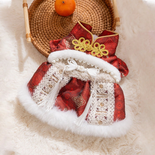 Luxury Chinese New Year Pet Qipao Dress With Lace & Faux Fur Trim, Festive Red Dog Gown For Lunar New Year Celebrations
