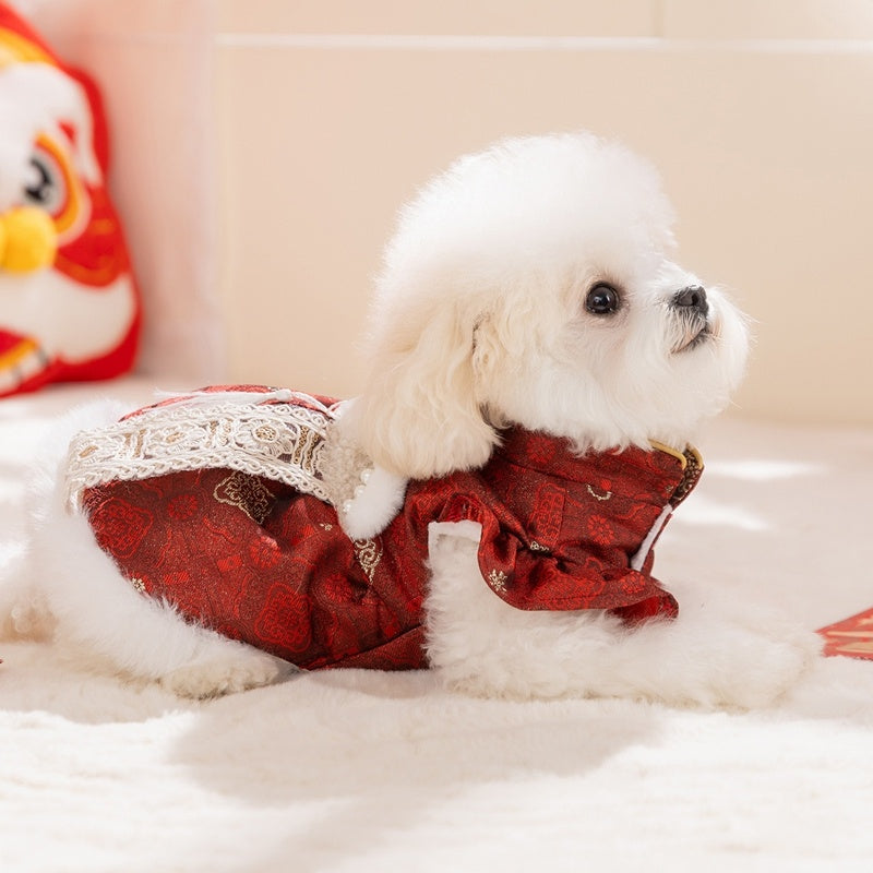 Luxury Chinese New Year Pet Qipao Dress With Lace & Faux Fur Trim, Festive Red Dog Gown For Lunar New Year Celebrations
