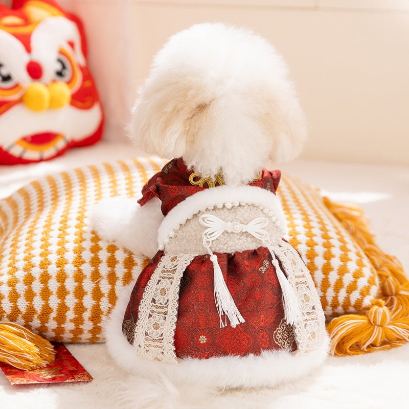 Luxury Chinese New Year Pet Qipao Dress With Lace & Faux Fur Trim, Festive Red Dog Gown For Lunar New Year Celebrations