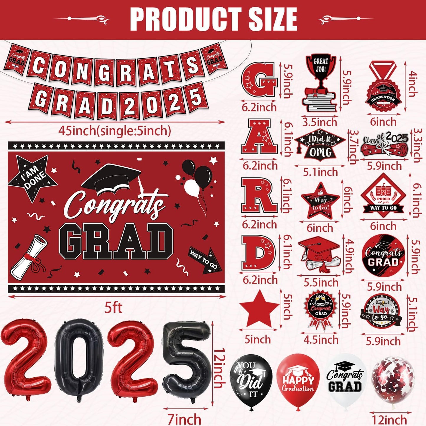 Graduation Decorations Class Of 2025 Set, Red Theme Graduation Party Supplies Of 50 Congrats Grad Banner Class Of 2025 Backdrop Balloons Hanging Swirls For High School College Celebrations