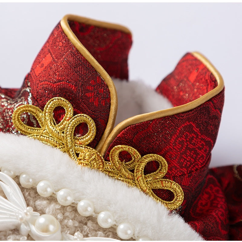 Luxury Chinese New Year Pet Qipao Dress With Lace & Faux Fur Trim, Festive Red Dog Gown For Lunar New Year Celebrations